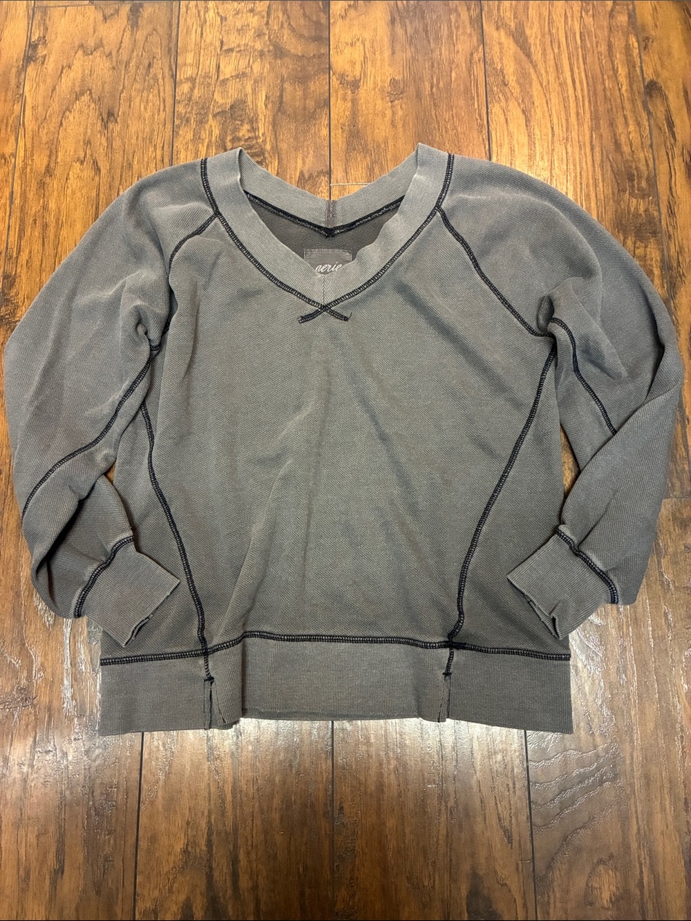 aerie Washed Charcoal V-Neck Sweatshirt with Contrast Stitching